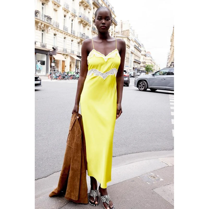 ZARA LACE TRIM CAMISOLE MIDI DRESS Mustard XS - GLAMI.eco