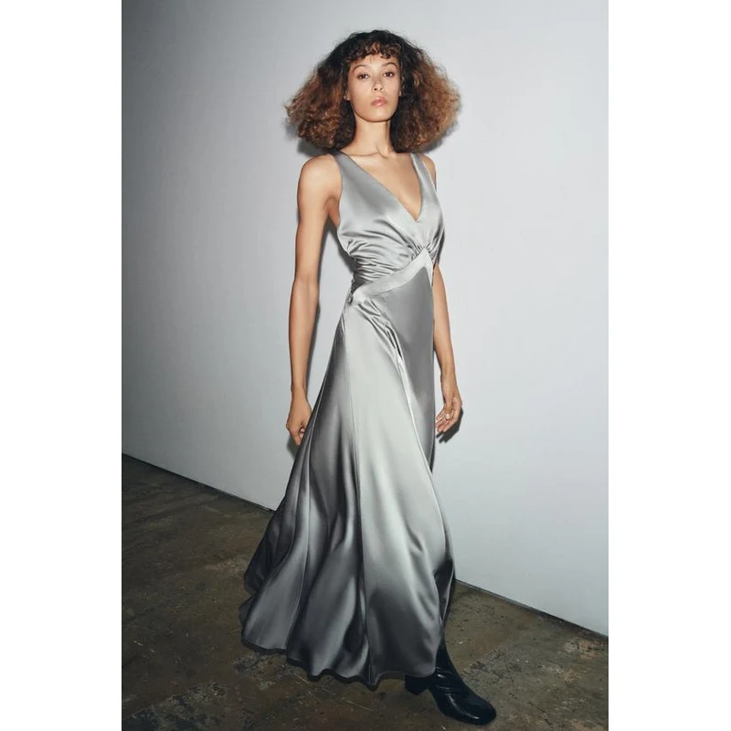 zara grey maxi dress Zara grey satin maxi