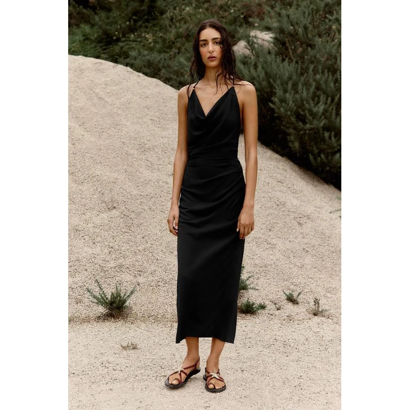 black satin midi dress zara Elegant Black Satin Dress by ZARA