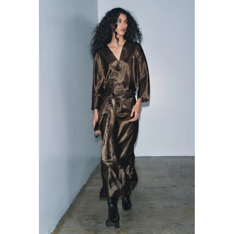 brown satin dress zara Zara Satin + Lace Asymmetrical Dress by Zara