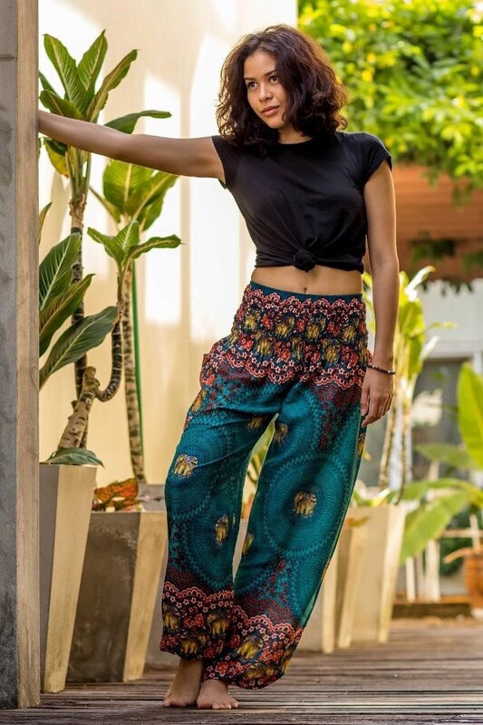 Teal Elephant Print Flowy Yoga Pants | Hippie-Pants.com