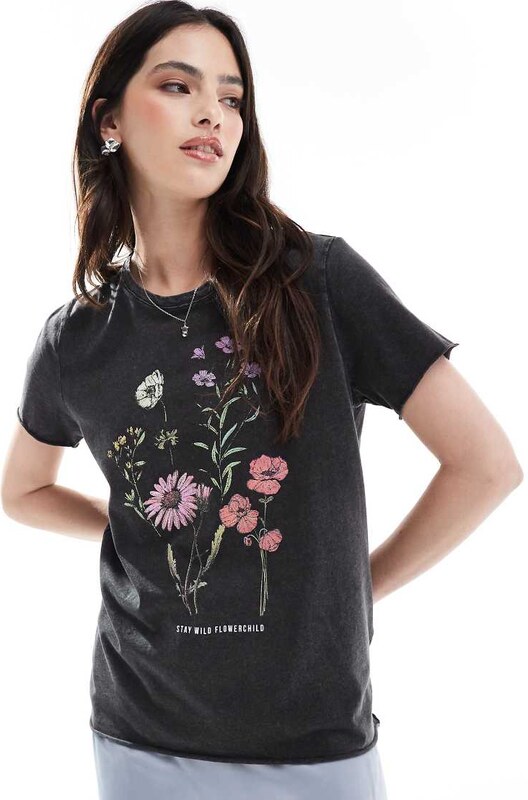 ONLY acid wash floral bouquet print t-shirt in black