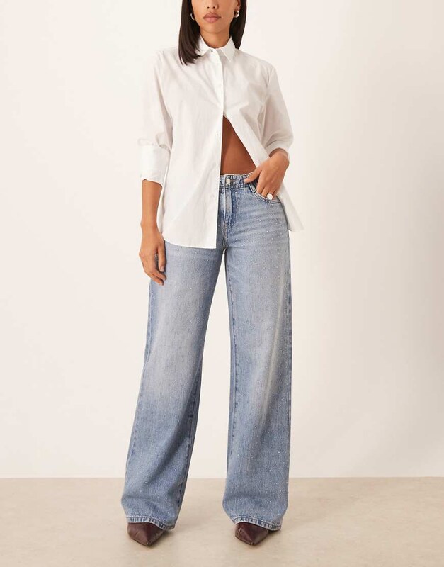 Gina Tricot mid waist embellished jeans in midwash blue