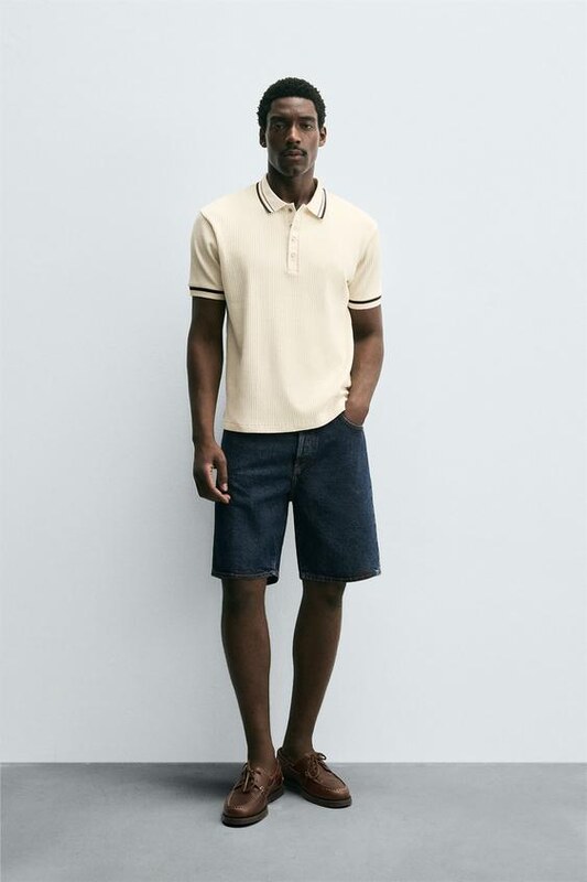 ZARA CONTRAST RIBBED POLO SHIRT Ecru S