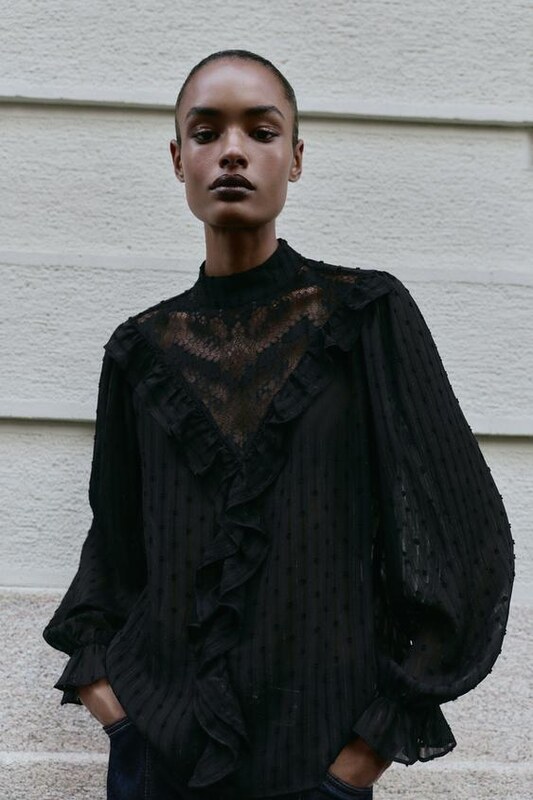 ZARA LACE DOTTED MESH SHIRT Black XS
