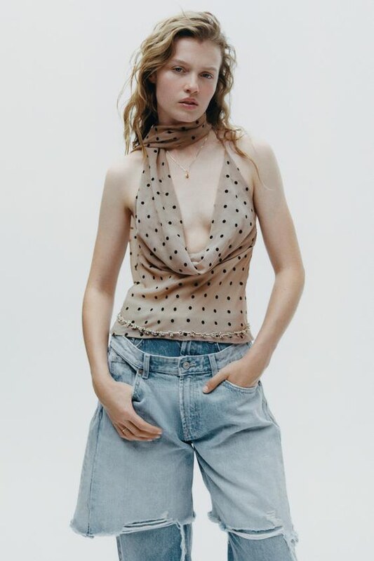 ZARA POLKA DOT HALTERNECK TOP WITH SCARF Beige XS - GLAMI.eco