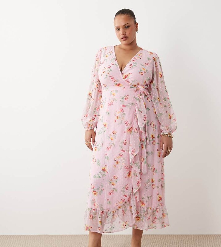 Vila Curve dobby wrap maxi dress with frill detail in cherry blossom floral print-Pink