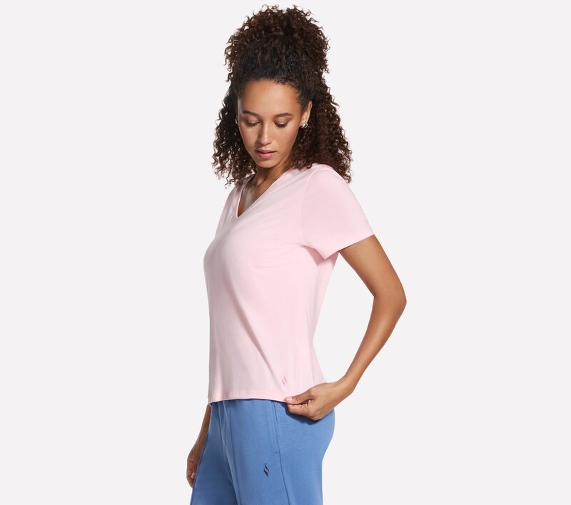 Skechers Women's Pima V-Neck T-Shirt in White/Pink, Size XS | Pima Cotton/Spandex